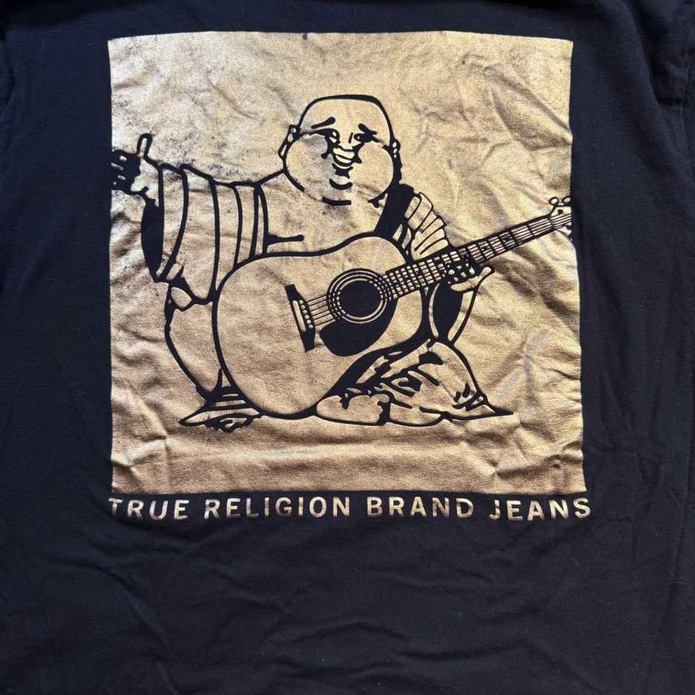 True Religion Mens Black Gold Buddha Guitar Graphic T-Shirt XL Short Sleeve